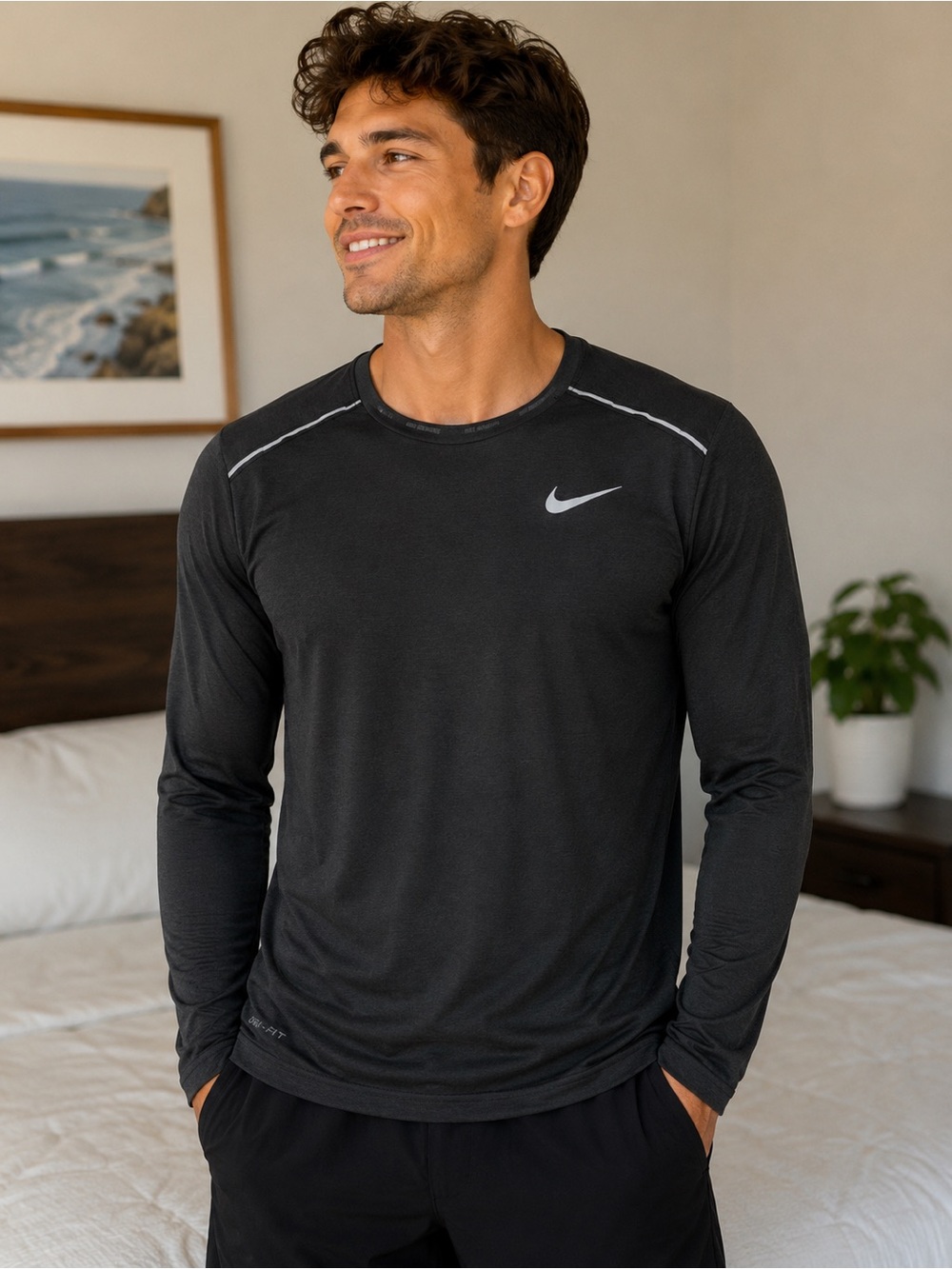 Nike Men’s Black Long-Sleeve Dri-FIT Training Top with Silver Swoosh